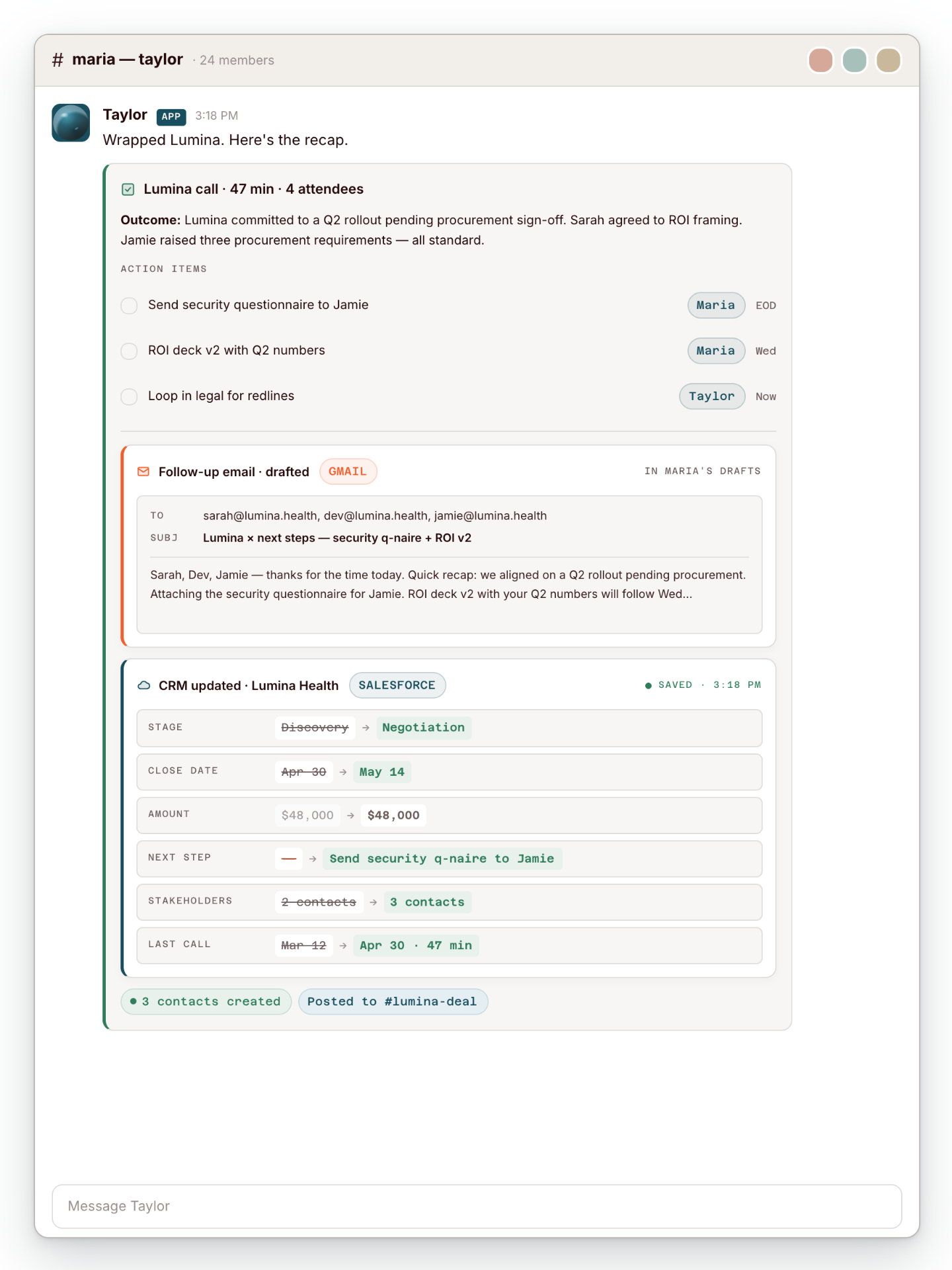 Taylor recap for a Lumina call showing action items, a drafted follow-up email, and updated CRM fields inside Slack