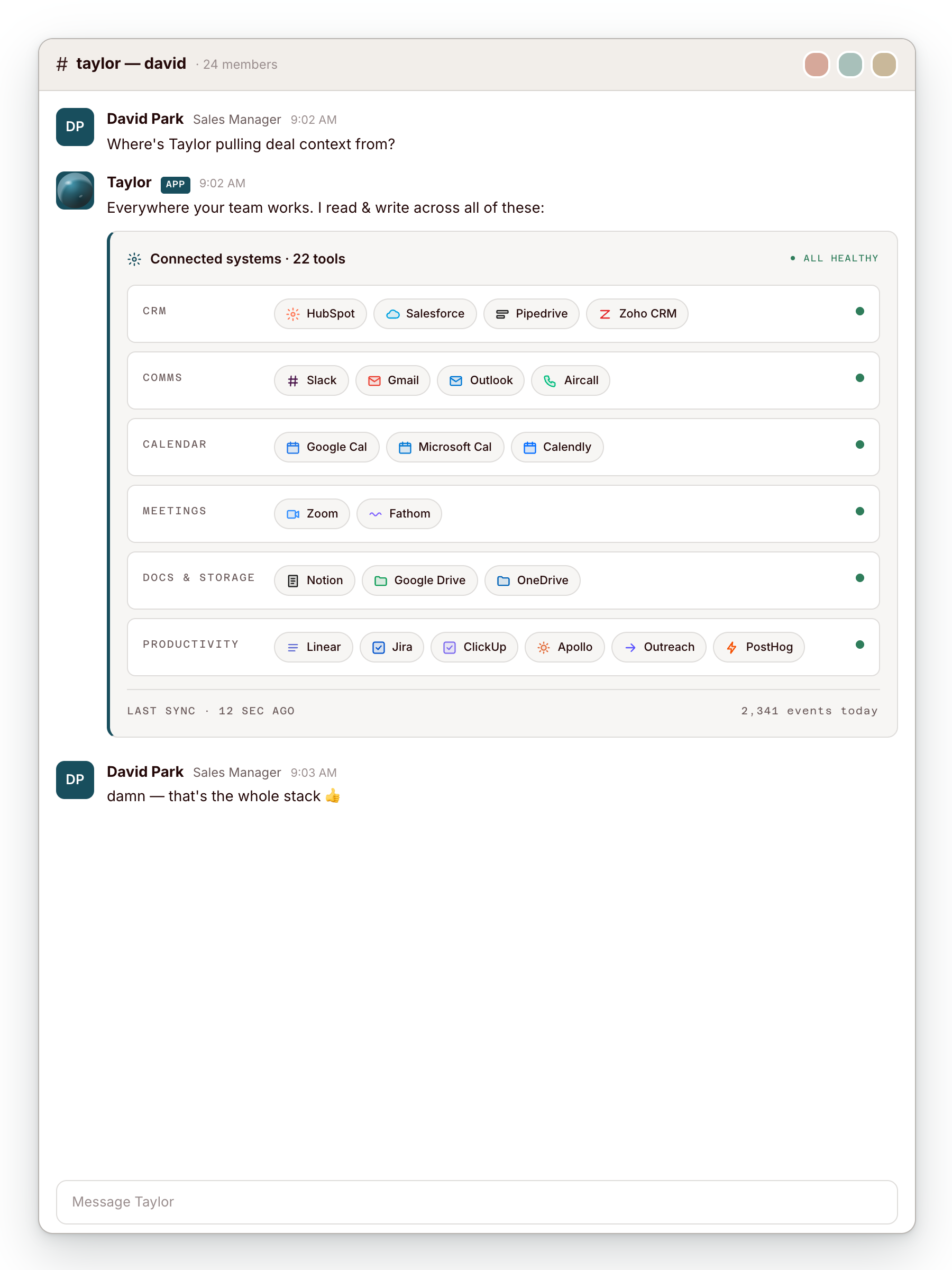 Grw connected to CRM, Google and Microsoft workspaces, Slack, and productivity tools